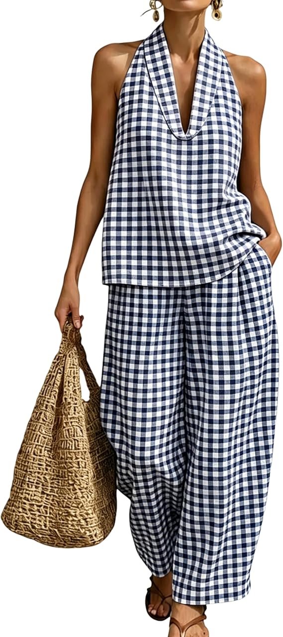 Womens Summer Gingham 2 Piece Set Halter Neck Tank Top Barrel Leg Pant Sets