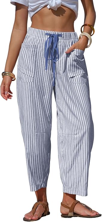 Womens Summer Faux Linen Striped Barrel Pants Comfy Drawstring Capri Pant