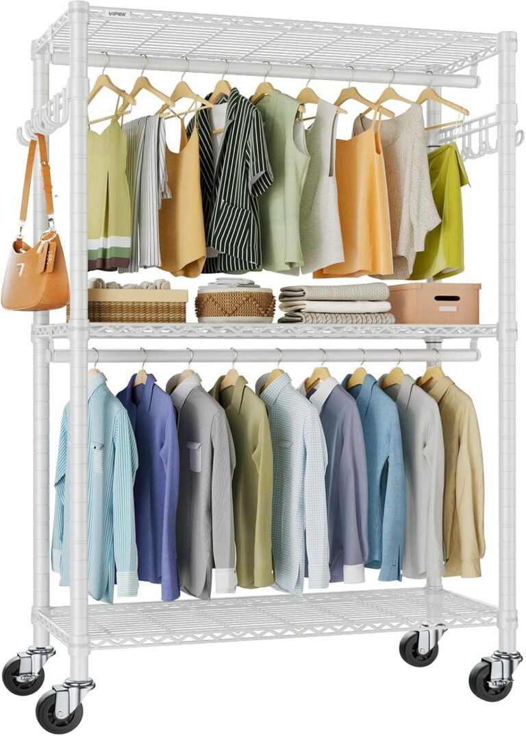 VIPEK R2 Plus Rolling Garment Rack 3 Tiers Adjustable Wire Shelving Clothes Racks with Wheels