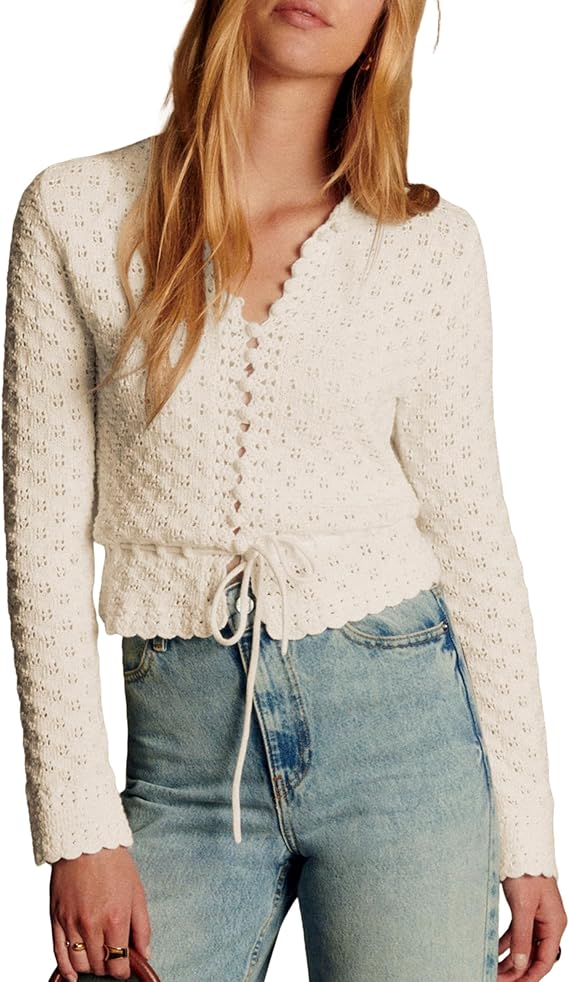 Womens Casual Long Sleeve Crewneck Crochet Cardigan