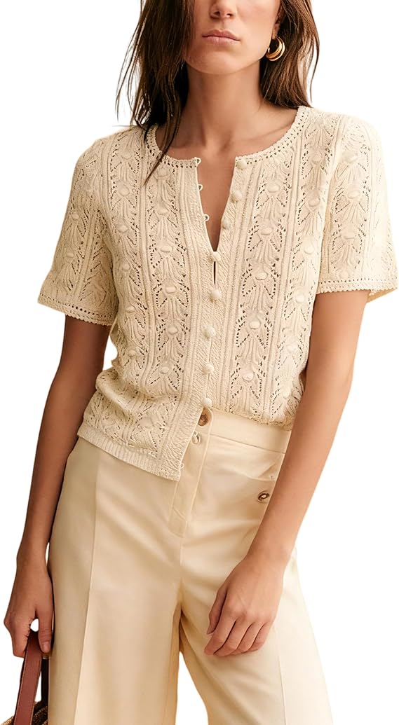 Womens Casual Short Sleeve Crochet Knit Cardigan