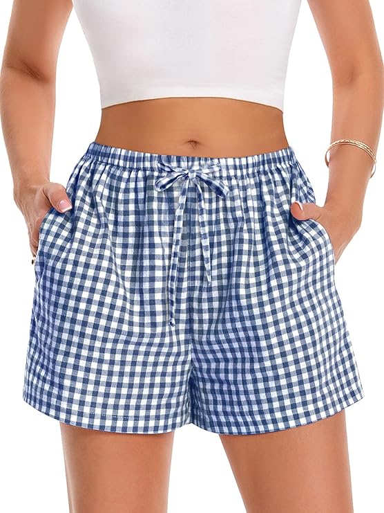 Women Boxer Shorts Comfy Gingham Drawstring Shorts