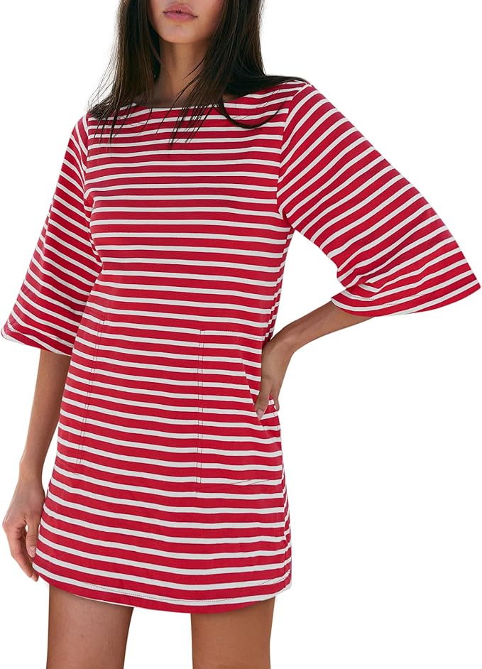 Women’s Cotton Short Sleeve Striped Mini Dress with Pockets