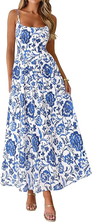 Blue and White Floral Long Eyelet Maxi Sundress