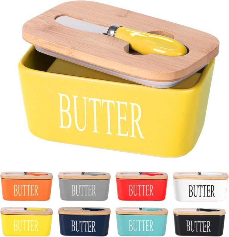 Ceramic Butter Dish with Wooden Lid, Large Butters Container Keeper Storage with Stainless Steel Knife Spreader