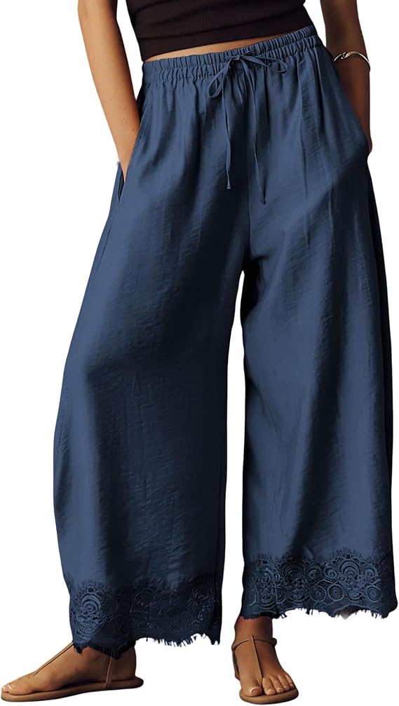 Cropped Lace-Hem High Waisted Drawstring Wide Leg Pants ousers with Pockets