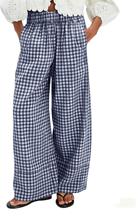 Womens Gingham Pants Wide Leg Elastic Waist Plaid Cotton Trousers