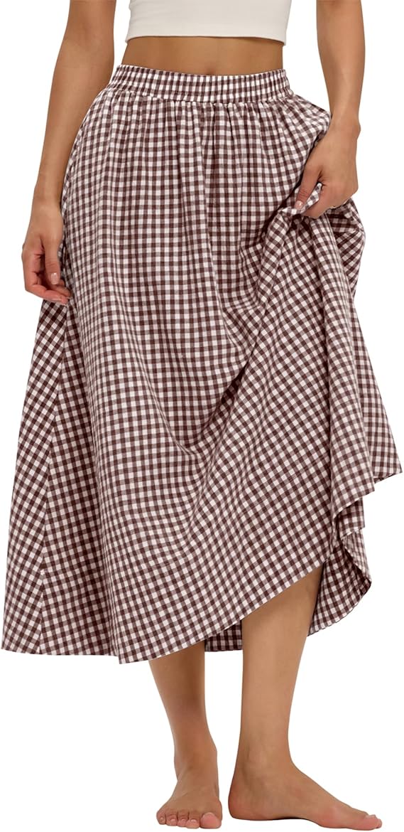 Women A-Line Cotton Gingham Midi Skirt with Pockets